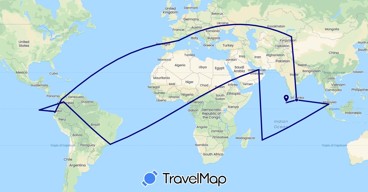 TravelMap itinerary: driving in United Arab Emirates, Brazil, Colombia, Ecuador, Kazakhstan, Sri Lanka, Mauritius, Maldives, Malaysia (Africa, Asia, South America)